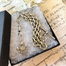 Carica l'immagine nel visualizzatore di Gallery, Antique Sterling Silver Fob Chain With Prince of Wales Feathers Drop, T-Bar & Albert Clip. Edwardian/Victorian Brick Link Pocket Watch Chain