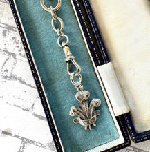 Carica l'immagine nel visualizzatore di Gallery, Antique Sterling Silver Fob Chain With Prince of Wales Feathers Drop, T-Bar & Albert Clip. Edwardian/Victorian Brick Link Pocket Watch Chain