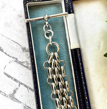 Carica l'immagine nel visualizzatore di Gallery, Antique Sterling Silver Fob Chain With Prince of Wales Feathers Drop, T-Bar & Albert Clip. Edwardian/Victorian Brick Link Pocket Watch Chain