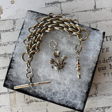 Carica l'immagine nel visualizzatore di Gallery, Antique Sterling Silver Fob Chain With Prince of Wales Feathers Drop, T-Bar & Albert Clip. Edwardian/Victorian Brick Link Pocket Watch Chain