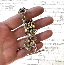 Carica l'immagine nel visualizzatore di Gallery, Antique Sterling Silver Fob Chain With Prince of Wales Feathers Drop, T-Bar & Albert Clip. Edwardian/Victorian Brick Link Pocket Watch Chain