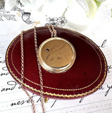 画像をギャラリービューアに読み込む, Antique Edwardian Rolled Rose Gold Ruby Locket on Chain, Kollmar & Jourdan, Germany. Floral Engraved Round Photo Locket Pendant Necklace
