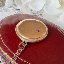 画像をギャラリービューアに読み込む, Antique Edwardian Rolled Rose Gold Ruby Locket on Chain, Kollmar & Jourdan, Germany. Floral Engraved Round Photo Locket Pendant Necklace