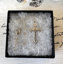 Carica l'immagine nel visualizzatore di Gallery, Antique French Sterling Silver Crucifix Cross Pendant Necklace, Intricate Openwork Silver Cross & Chain. Antique Communion Jewellery Gift