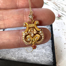画像をギャラリービューアに読み込む, Antique Victorian 15ct Gold Ruby & Pearl Lyre Pendant Necklace. Yellow Gold Classical Greek Harp Pendant With Optional Chain