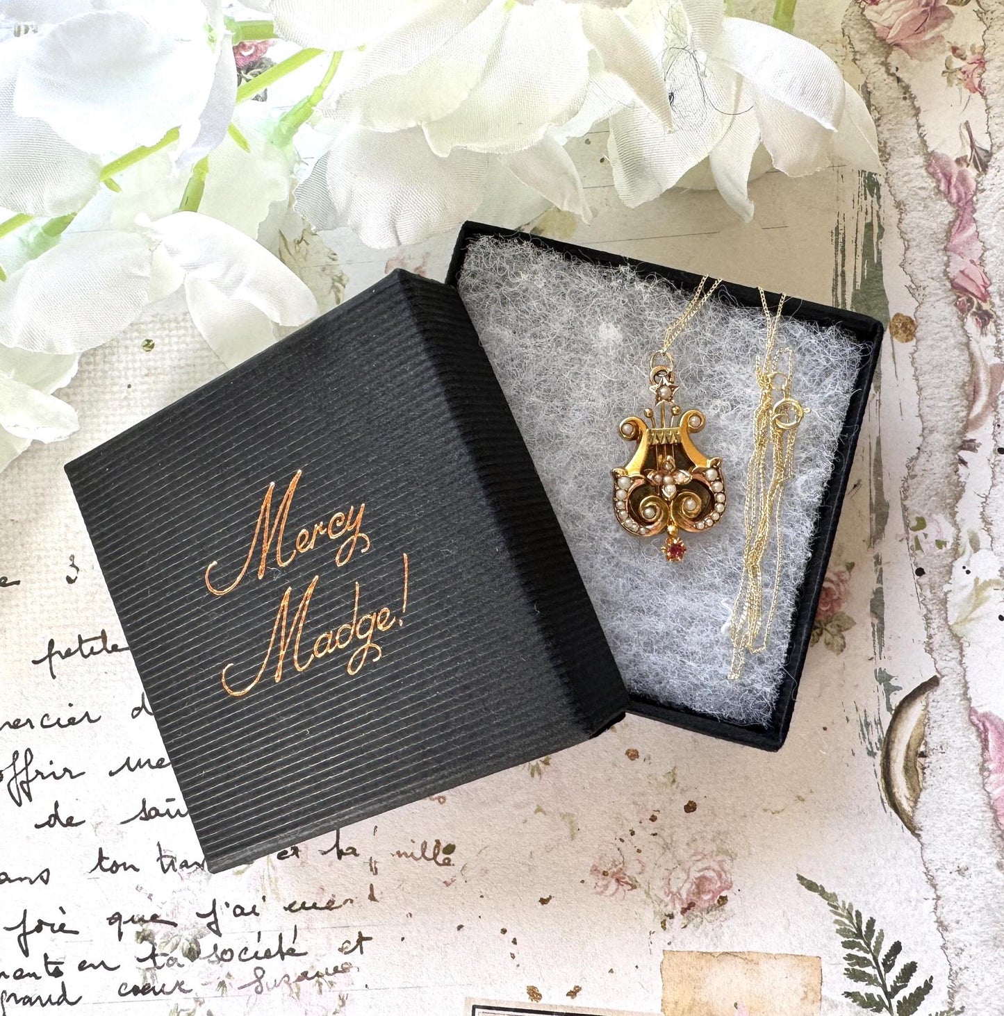 Antique Victorian 15ct Gold Ruby & Pearl Lyre Pendant Necklace. Yellow Gold Classical Greek Harp Pendant With Optional Chain