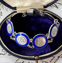 Load image into Gallery viewer, Vintage Sterling Silver Blue Enamel Britannia & Tudor Rose Bracelet, Dated 1945. Art Deco Era Guilloché Engraved Silver Panel Bracelet.