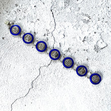 Load image into Gallery viewer, Vintage Sterling Silver Blue Enamel Britannia & Tudor Rose Bracelet, Dated 1945. Art Deco Era Guilloché Engraved Silver Panel Bracelet.