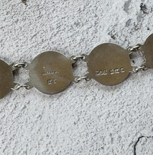 Load image into Gallery viewer, Vintage Sterling Silver Blue Enamel Britannia & Tudor Rose Bracelet, Dated 1945. Art Deco Era Guilloché Engraved Silver Panel Bracelet.