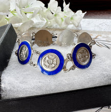 Load image into Gallery viewer, Vintage Sterling Silver Blue Enamel Britannia & Tudor Rose Bracelet, Dated 1945. Art Deco Era Guilloché Engraved Silver Panel Bracelet.