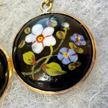 Cargar imagen en el visor de la galería, Antique Victorian English Enamel Forget-me-Not & Rose Earrings. Hand-Painted Flower Earrings. Gold On Silver Pendant Drop Hook Earrings
