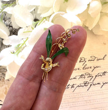 画像をギャラリービューアに読み込む, Antique Edwardian 15ct Gold, Enamel & Seed Pearl Lily-of-the-Valley Brooch, Boxed. Delicate Bridal Flower Romantic Brooch/Lapel Pin