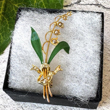 画像をギャラリービューアに読み込む, Antique Edwardian 15ct Gold, Enamel & Seed Pearl Lily-of-the-Valley Brooch, Boxed. Delicate Bridal Flower Romantic Brooch/Lapel Pin