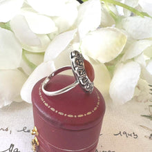 Load image into Gallery viewer, Antique Art Deco Sterling Silver Coral Cabochon Ring. Marcasite Set Elongated Oval Navette Coral Ring. Pinky Ring, Small Size G-1/2/3-1/2