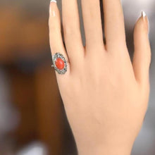 Load image into Gallery viewer, Antique Art Deco Sterling Silver Coral Cabochon Ring. Marcasite Set Elongated Oval Navette Coral Ring. Pinky Ring, Small Size G-1/2/3-1/2
