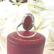 Load image into Gallery viewer, Antique Art Deco Sterling Silver Coral Cabochon Ring. Marcasite Set Elongated Oval Navette Coral Ring. Pinky Ring, Small Size G-1/2/3-1/2