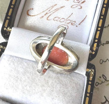 Load image into Gallery viewer, Antique Art Deco Sterling Silver Coral Cabochon Ring. Marcasite Set Elongated Oval Navette Coral Ring. Pinky Ring, Small Size G-1/2/3-1/2