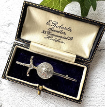 Carica l'immagine nel visualizzatore di Gallery, Vintage Scottish Silver Celtic Shield & Sword Brooch, Alexander Ritchie. Sterling Silver Traditional Scottish Lapel Pin/Small Kilt Pin
