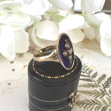 Load image into Gallery viewer, Antique Victorian 15ct Gold Blue Enamel & Pearl Cross Mourning Ring. Rose Gold Elongated Oval Navette/Marquise Ring Size O-1/2 UK/7-1/2 USA