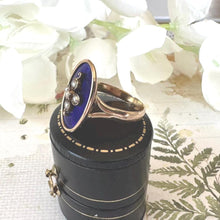 Load image into Gallery viewer, Antique Victorian 15ct Gold Blue Enamel & Pearl Cross Mourning Ring. Rose Gold Elongated Oval Navette/Marquise Ring Size O-1/2 UK/7-1/2 USA