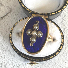Load image into Gallery viewer, Antique Victorian 15ct Gold Blue Enamel & Pearl Cross Mourning Ring. Rose Gold Elongated Oval Navette/Marquise Ring Size O-1/2 UK/7-1/2 USA