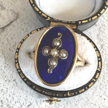 Carica l'immagine nel visualizzatore di Gallery, Antique Victorian 15ct Gold & Blue Enamel Glass Mourning Cross Ring