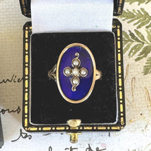 Load image into Gallery viewer, Antique Victorian 15ct Gold Blue Enamel & Pearl Cross Mourning Ring. Rose Gold Elongated Oval Navette/Marquise Ring Size O-1/2 UK/7-1/2 USA