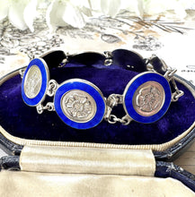 Load image into Gallery viewer, Vintage Sterling Silver Blue Enamel Britannia & Tudor Rose Bracelet, Dated 1945. Art Deco Era Guilloché Engraved Silver Panel Bracelet.