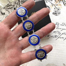 Load image into Gallery viewer, Vintage Sterling Silver Blue Enamel Britannia & Tudor Rose Bracelet, Dated 1945. Art Deco Era Guilloché Engraved Silver Panel Bracelet.