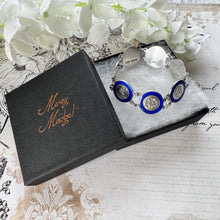 Load image into Gallery viewer, Vintage Sterling Silver Blue Enamel Britannia & Tudor Rose Bracelet, Dated 1945. Art Deco Era Guilloché Engraved Silver Panel Bracelet.