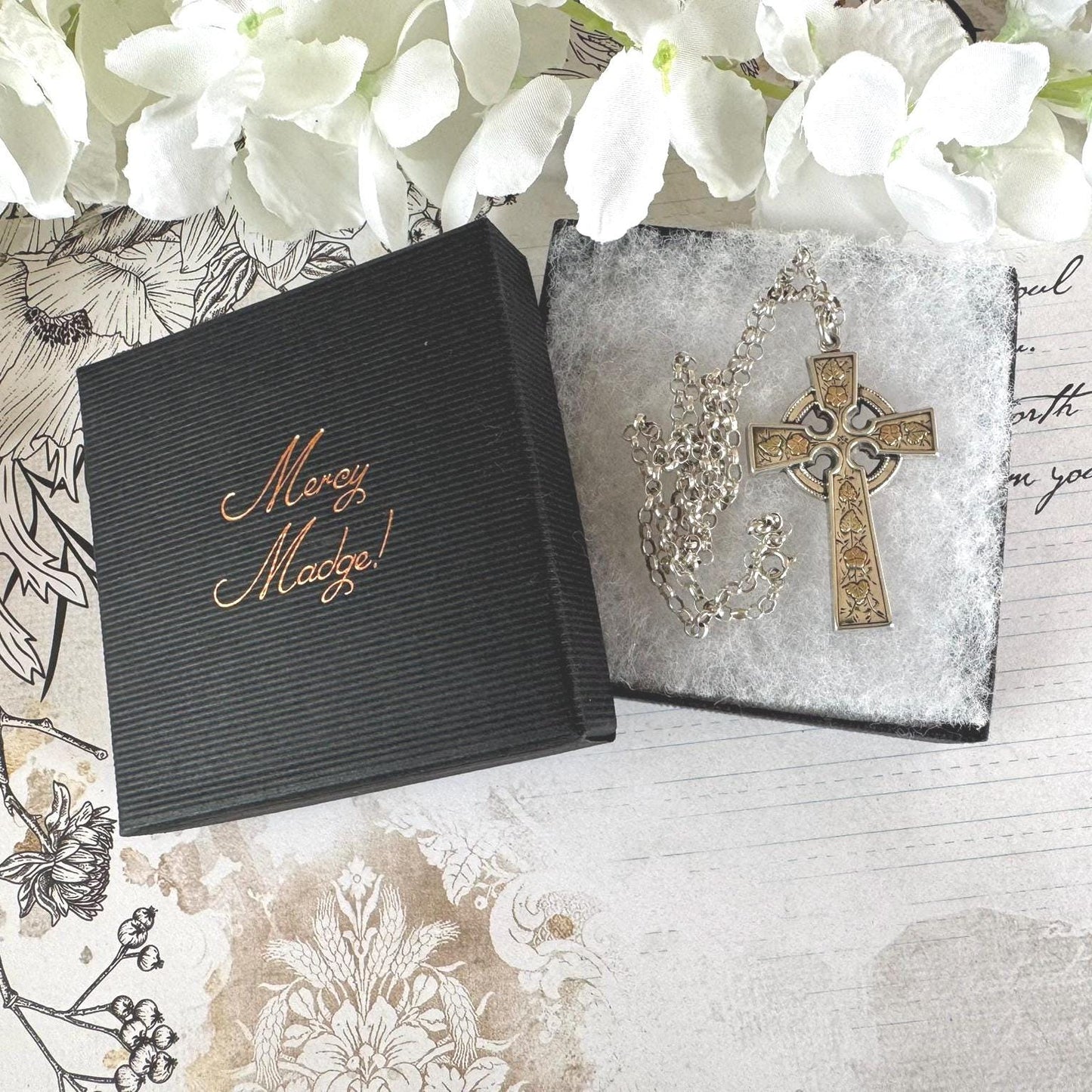 Antique Victorian Sterling Silver, 9ct Gold Cross Pendant Necklace, T&Co 1884. Large Aesthetic Engraved Silver Celtic Cross On Belcher Chain