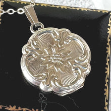 Load image into Gallery viewer, Vintage Sterling Silver Engraved Poinsettia Quatrefoil Locket Pendant Necklace. Art Nouveau Revival Locket & Chain, Andreas Daub, Germany