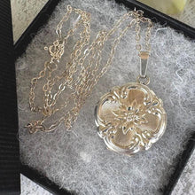 Load image into Gallery viewer, Vintage Sterling Silver Engraved Poinsettia Quatrefoil Locket Pendant Necklace. Art Nouveau Revival Locket & Chain, Andreas Daub, Germany