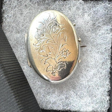 画像をギャラリービューアに読み込む, Antique Victorian Sterling Silver Lily-of-the-Valley Locket Brooch. Oval Aesthetic Engraved 2-Photo Locket Brooch/Lapel Pin