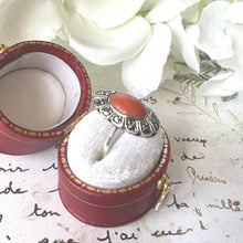 Load image into Gallery viewer, Antique Art Deco Sterling Silver Coral Cabochon Ring. Marcasite Set Elongated Oval Navette Coral Ring. Pinky Ring, Small Size G-1/2/3-1/2