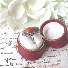 Load image into Gallery viewer, Antique Art Deco Sterling Silver Coral Cabochon Ring. Marcasite Set Elongated Oval Navette Coral Ring. Pinky Ring, Small Size G-1/2/3-1/2