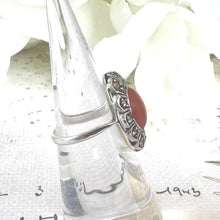 Load image into Gallery viewer, Antique Art Deco Sterling Silver Coral Cabochon Ring. Marcasite Set Elongated Oval Navette Coral Ring. Pinky Ring, Small Size G-1/2/3-1/2