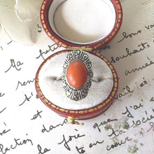 Load image into Gallery viewer, Antique Art Deco Sterling Silver Coral Cabochon Ring. Marcasite Set Elongated Oval Navette Coral Ring. Pinky Ring, Small Size G-1/2/3-1/2