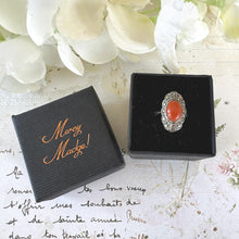 Load image into Gallery viewer, Antique Art Deco Sterling Silver Coral Cabochon Ring. Marcasite Set Elongated Oval Navette Coral Ring. Pinky Ring, Small Size G-1/2/3-1/2