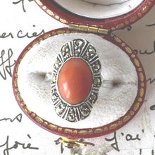 Load image into Gallery viewer, Antique Art Deco Sterling Silver Coral Cabochon Ring. Marcasite Set Elongated Oval Navette Coral Ring. Pinky Ring, Small Size G-1/2/3-1/2