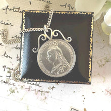 Charger l'image dans la galerie, Antique Victorian 1887 Silver Shilling Pendant Necklace. Queen Victoria Sterling Silver Golden Jubilee Coin Pendant On Sterling Curb Chain