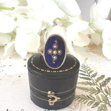 Load image into Gallery viewer, Antique Victorian 15ct Gold Blue Enamel & Pearl Cross Mourning Ring. Rose Gold Elongated Oval Navette/Marquise Ring Size O-1/2 UK/7-1/2 USA