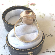 Load image into Gallery viewer, Antique Victorian 15ct Gold Blue Enamel & Pearl Cross Mourning Ring. Rose Gold Elongated Oval Navette/Marquise Ring Size O-1/2 UK/7-1/2 USA