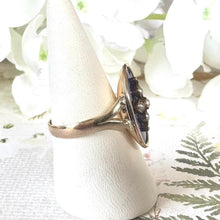 Load image into Gallery viewer, Antique Victorian 15ct Gold Blue Enamel & Pearl Cross Mourning Ring. Rose Gold Elongated Oval Navette/Marquise Ring Size O-1/2 UK/7-1/2 USA