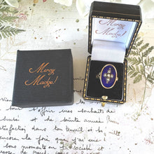 Load image into Gallery viewer, Antique Victorian 15ct Gold Blue Enamel & Pearl Cross Mourning Ring. Rose Gold Elongated Oval Navette/Marquise Ring Size O-1/2 UK/7-1/2 USA