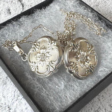 Load image into Gallery viewer, Vintage Sterling Silver Engraved Poinsettia Quatrefoil Locket Pendant Necklace. Art Nouveau Revival Locket & Chain, Andreas Daub, Germany