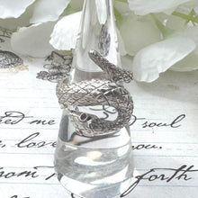 Load image into Gallery viewer, Vintage Sterling Silver Coiled Snake Ring With Ruby Eyes. Engraved Silver Gem Set Snake Ring, Size L-1/2, 6. Love Token Statement Jewellery