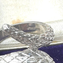 Load image into Gallery viewer, Vintage Sterling Silver Coiled Snake Ring With Ruby Eyes. Engraved Silver Gem Set Snake Ring, Size L-1/2, 6. Love Token Statement Jewellery