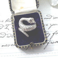 Load image into Gallery viewer, Vintage Sterling Silver Coiled Snake Ring With Ruby Eyes. Engraved Silver Gem Set Snake Ring, Size L-1/2, 6. Love Token Statement Jewellery