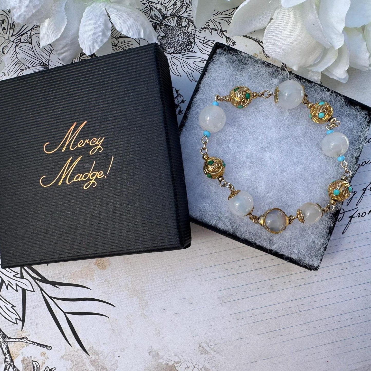 Antique Georgian Moonstone & Turquoise 18ct Gold Gilt Silver Bracelet. Early Victorian Etruscan Revival Moonstone Bead Pomander Bracelet.